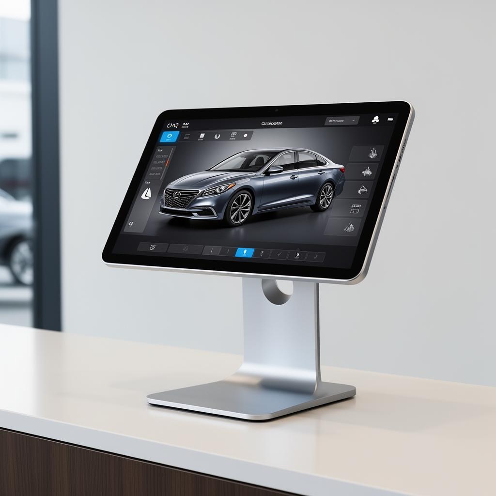 Vehicle wrap visualizer kiosk tablet in a wrap shop